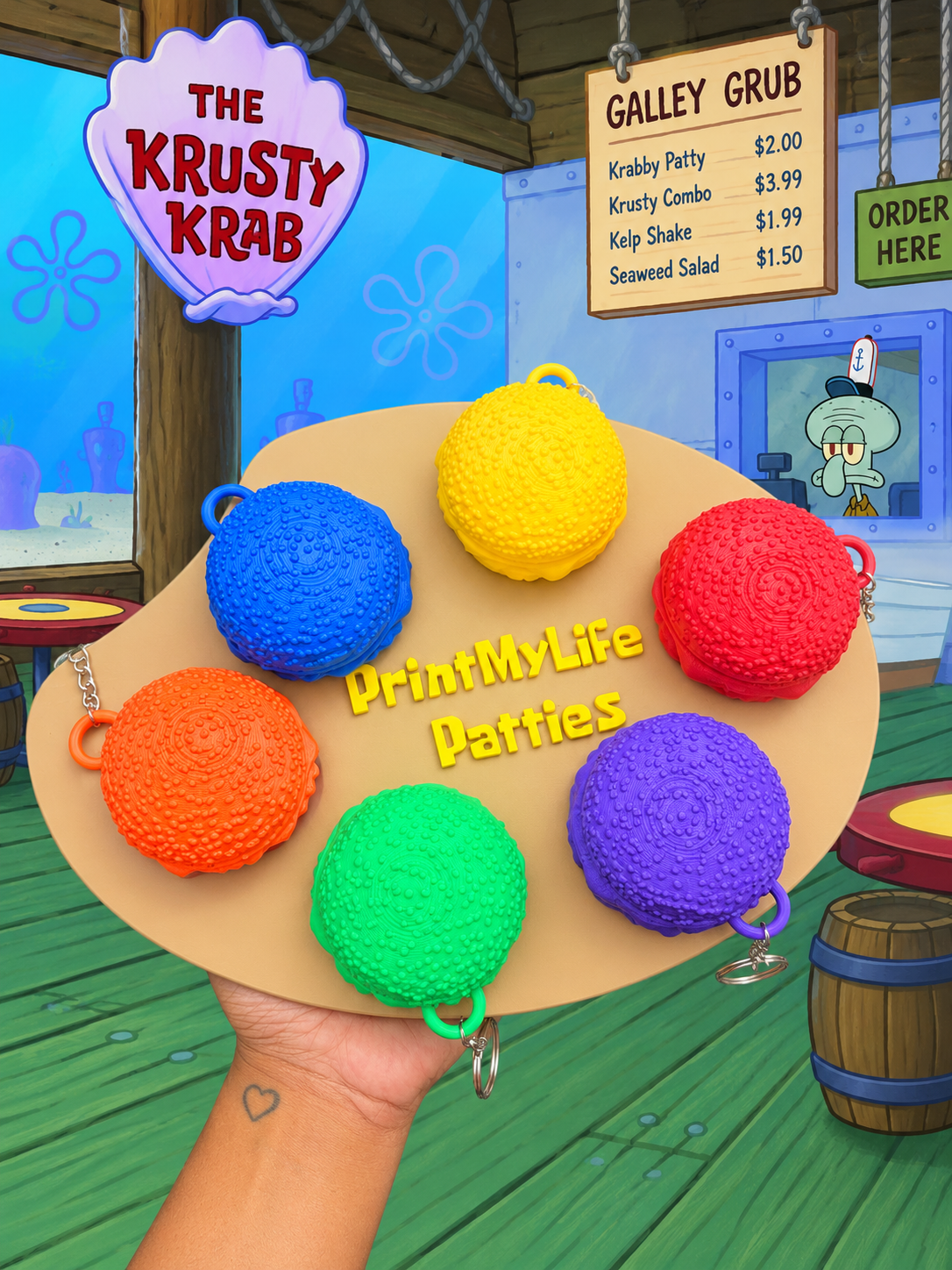 Pretty Patties Set of 6 | 3D Printed Sponge bob Inspired Burger Replica | Funny Novelty Gift | Collectible Desk Decor | Fan Gift