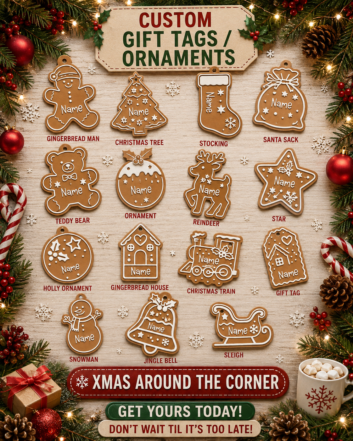 Personalized Christmas Gift Tags & Ornaments (Set of 4) | Gingerbread Custom Name Tags | Custom Name Tags