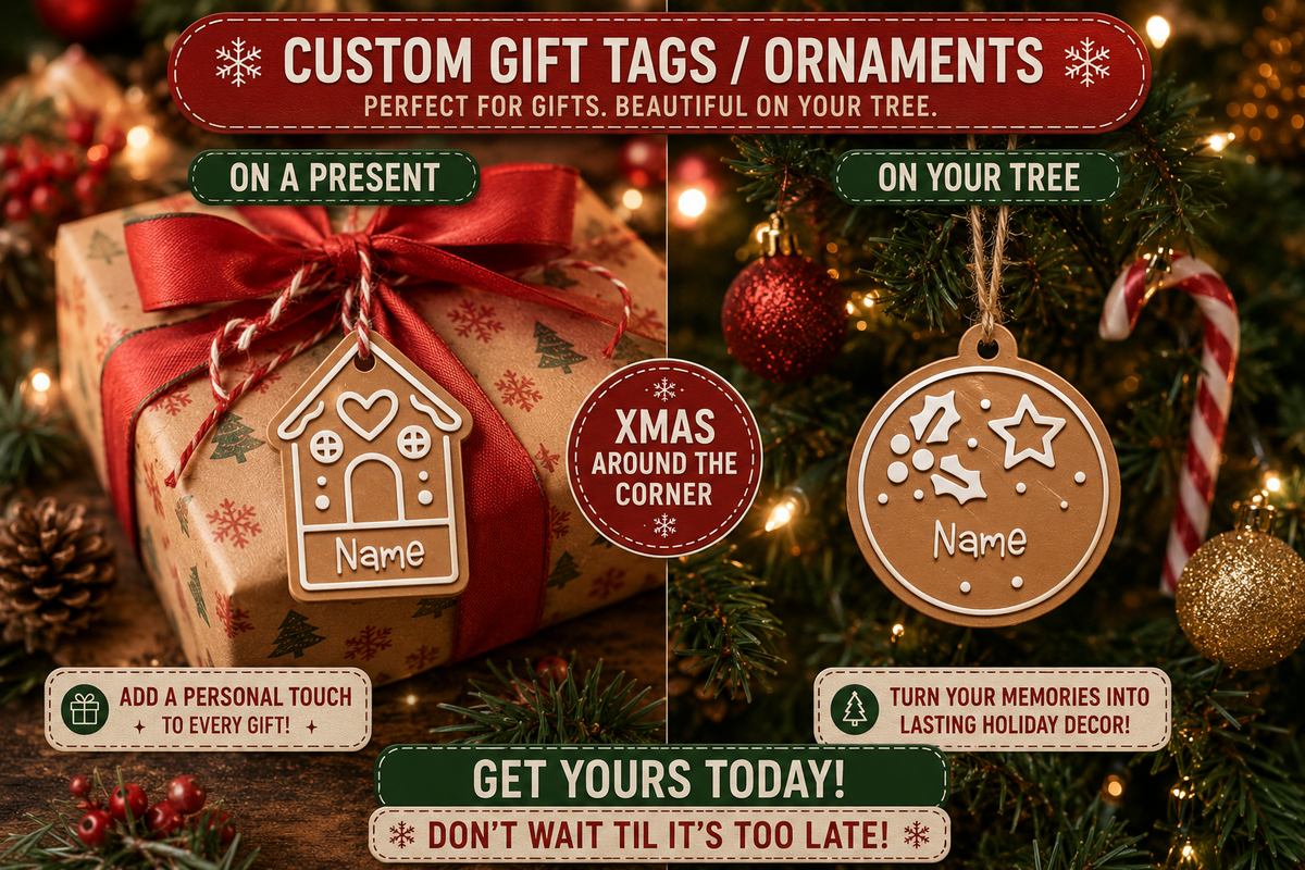 Personalized Christmas Gift Tags & Ornaments (Set of 4) | Gingerbread Custom Name Tags | Custom Name Tags