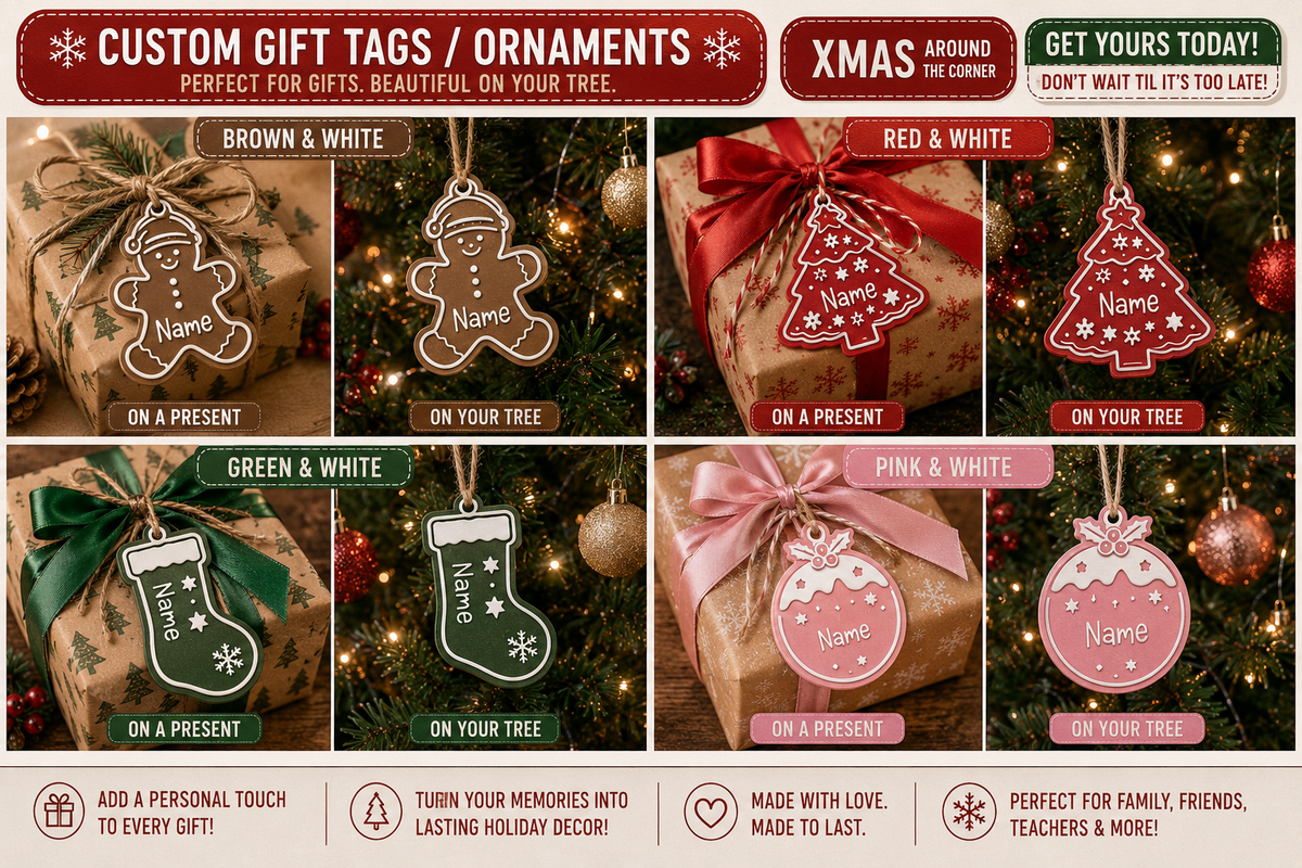 Personalized Christmas Gift Tags & Ornaments (Set of 4) | Gingerbread Custom Name Tags | Custom Name Tags
