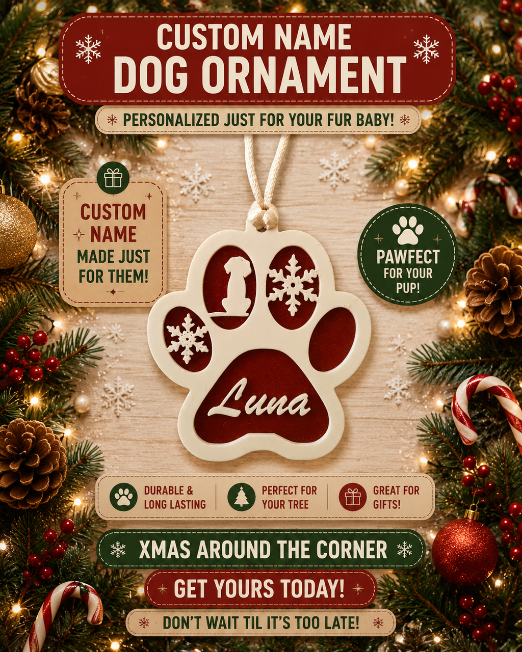 Personalized Dog Christmas Ornament | Custom Name Paw Ornament